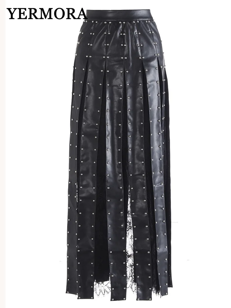 YERMORA High Waist Black Pu Leather Tassel Spliced Lace Half Body Skirt For Women Fashion Tide Loose Spring Summer 2025 New A405