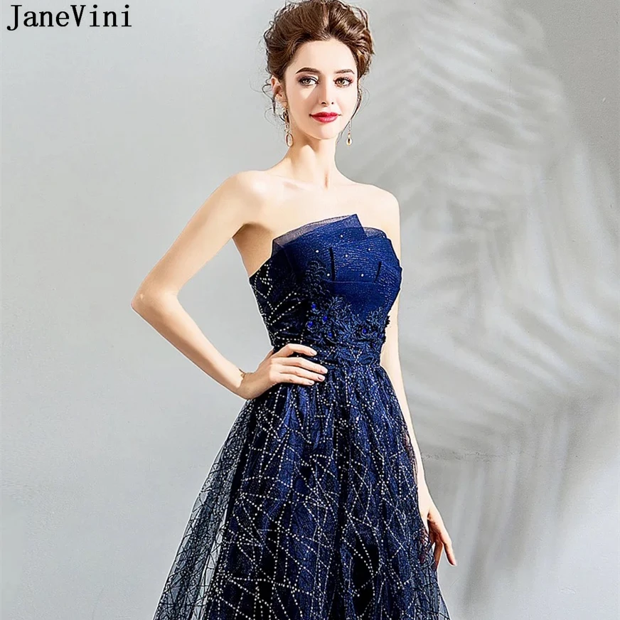 JaneVini Sparkly Sequined Women Prom Dresses Navy Blue Sexy Strapless Sequin Birthday Dress Black Girl 2023 Luxury Evening Gowns