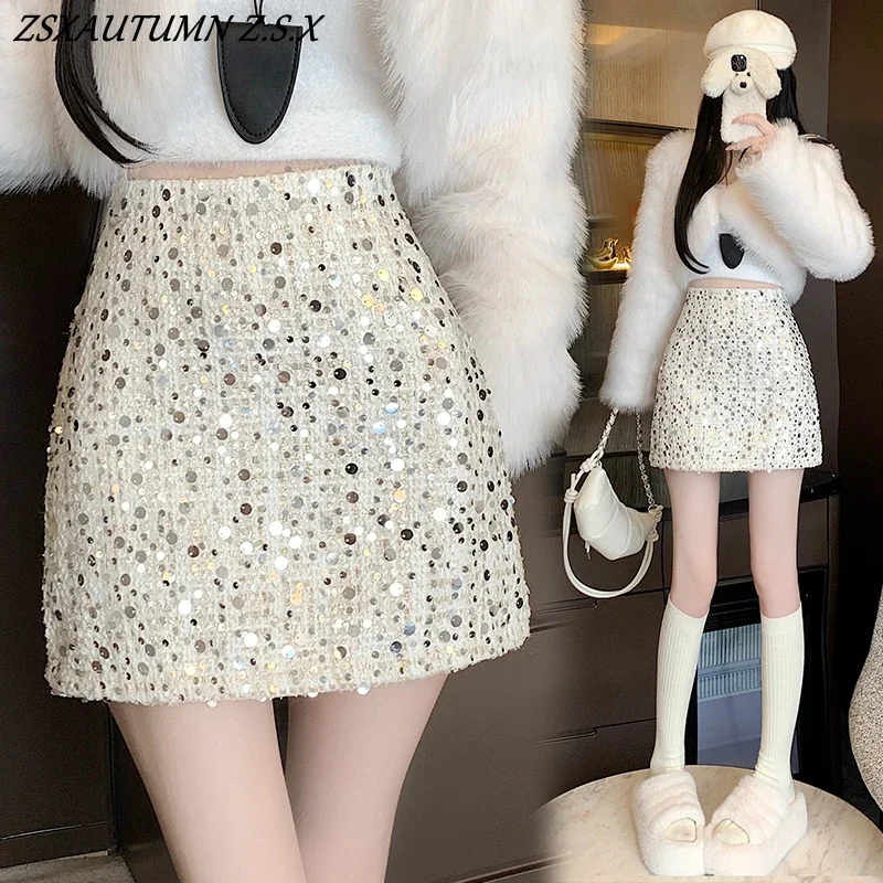 Hepburn Style A-line Skirt Women Sexy Mini High Waist Slim Heavy Sequin Wool Skirt Female Korean All-match Super Fashion