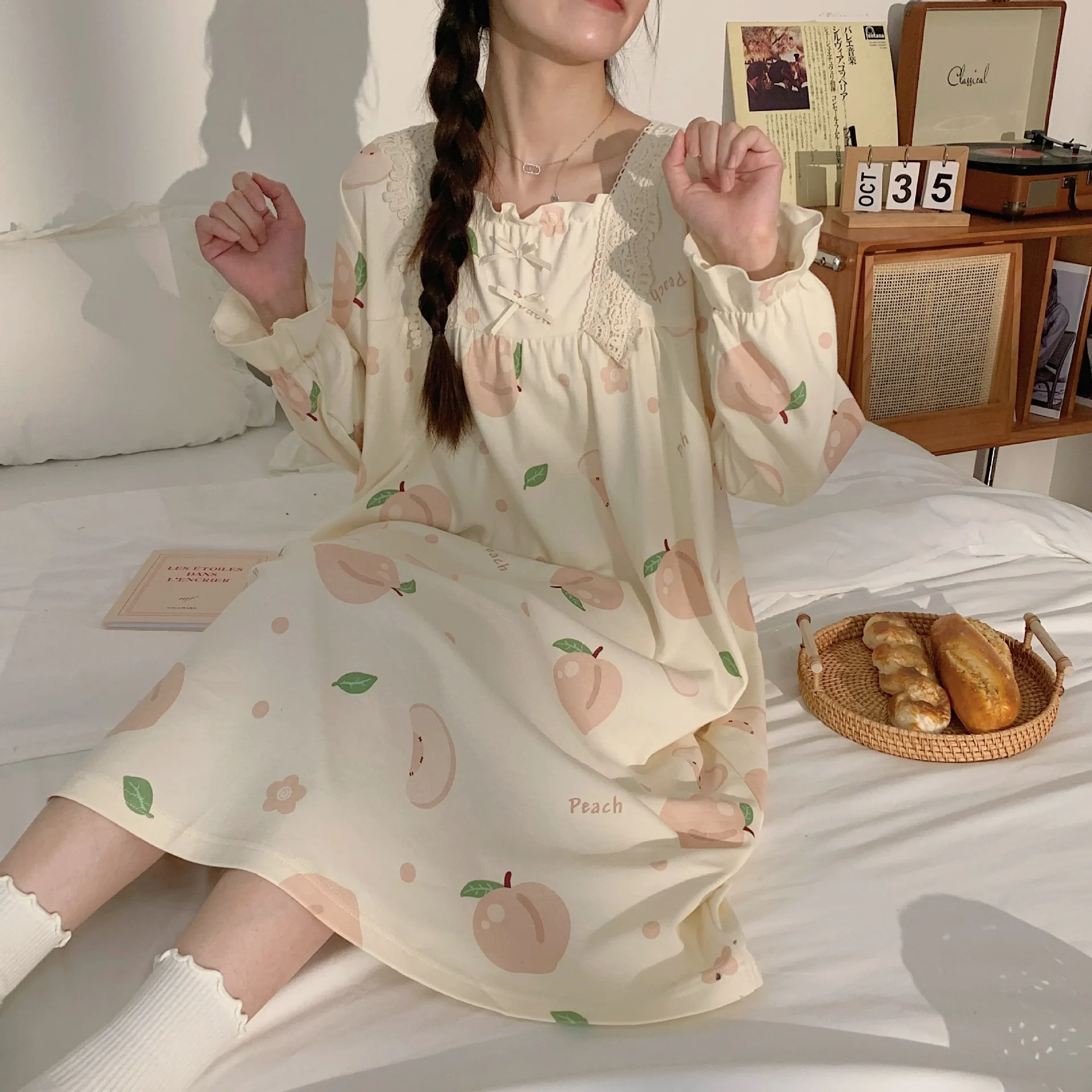 Large Size Dress Maternity Spring Summer Nightgown Cotton Long-Sleeved Pajamas Long Section Kawaii Floral Casual Simple Homewear