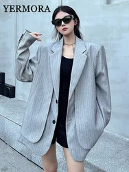 YERMORA Women Gray Fake Two Pieces Big Size Blazer New Lapel Long Sleeve Shoulder Pad Jacket Fashion Spring Autumn 2024