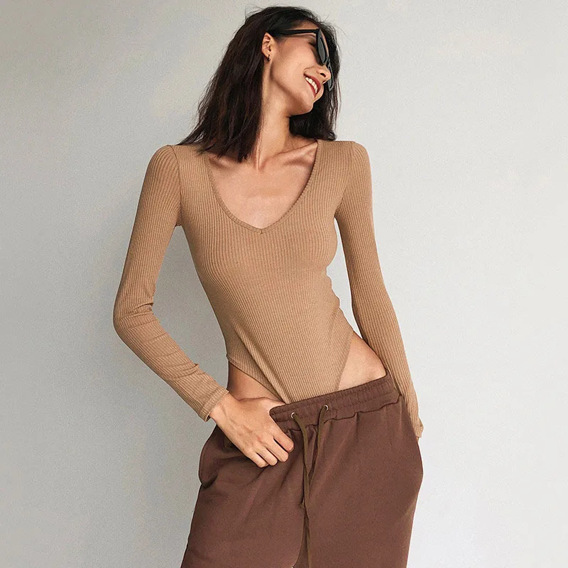 Herfst Winter Basis Shirt Effen Kleur Jumpsuit Gebreid Dames T-shirt U-hals Lange Mouw Top Hoge Taille Afslanken