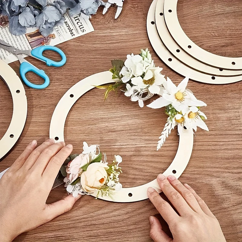 Handmade Wooden Floral Ring Hoop Wreath Garland Dreamcatcher Macrame Crafts Circle For Wedding Christmas Home Wall Hanging Decor