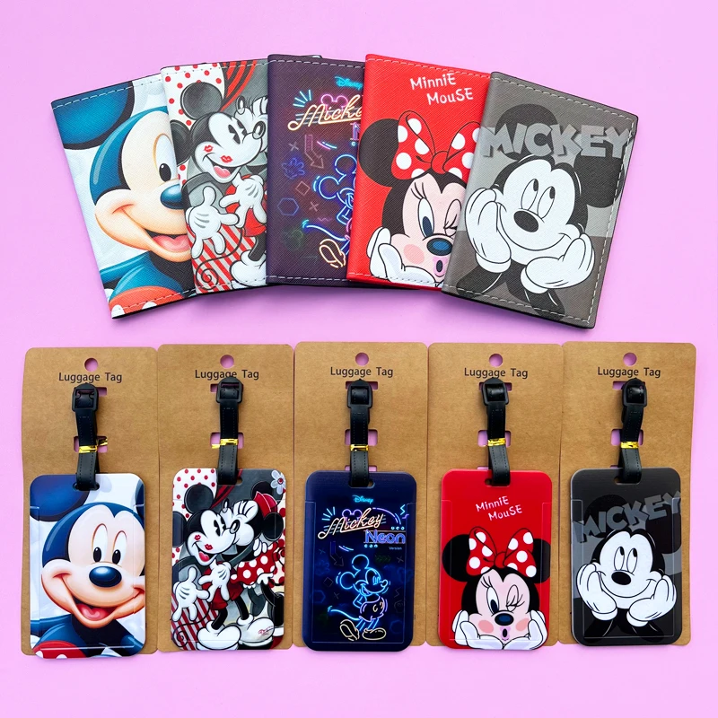 Porta pasaporte y etiquetas de equipaje de Minnie de Disney, funda para pasaporte de viaje, etiqueta de equipaje, tarjetero de identificación