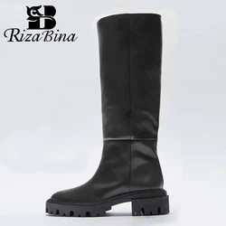 RIZABINA Size 34-41 Real Leather Women Knee High Boots 2023 New Winter Heeled Shoes Woman Long Boot Office Lady Plush Footwear