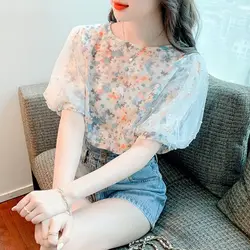 Summer New Floral Short Sleeve Chiffon Blouse Sweet Patchwork Printing Loose Fashion Shirt Tops Temperament Trend Women Clothing