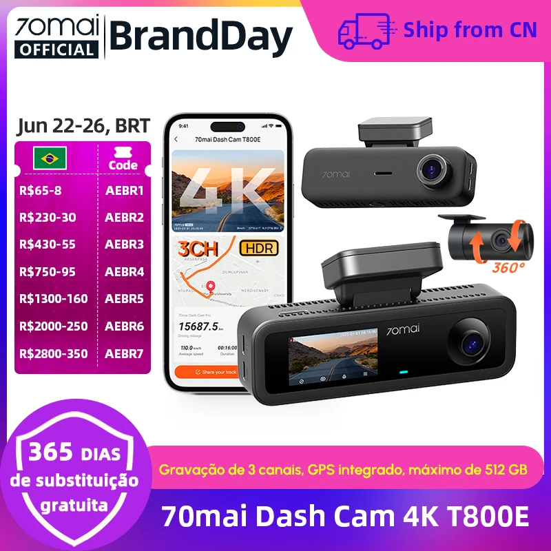 Câmera Veicular 70mai 4K T800E com 3 Canais (Frontal, Traseira e Interior) e Controle por Voz, Supercapacitor, GPS, DVR 4K