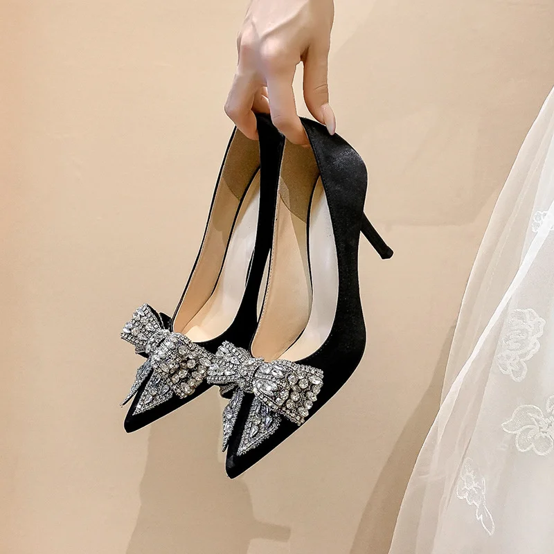 Spring Autumn New Fashion Satin Pointed Toe with Rhinestone Bow Sexy Thin High Heels Banquet Party Women Single Shoes