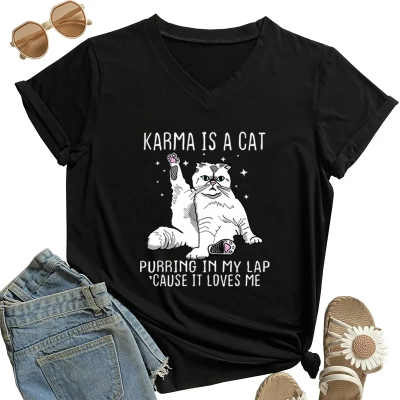 Tops con cuello en V para mujer, Camiseta con estampado de Karma Is A Cat, ropa de calle de manga corta, camiseta de animales Vintage Y2k, camiseta de gatos divertidos para mujer