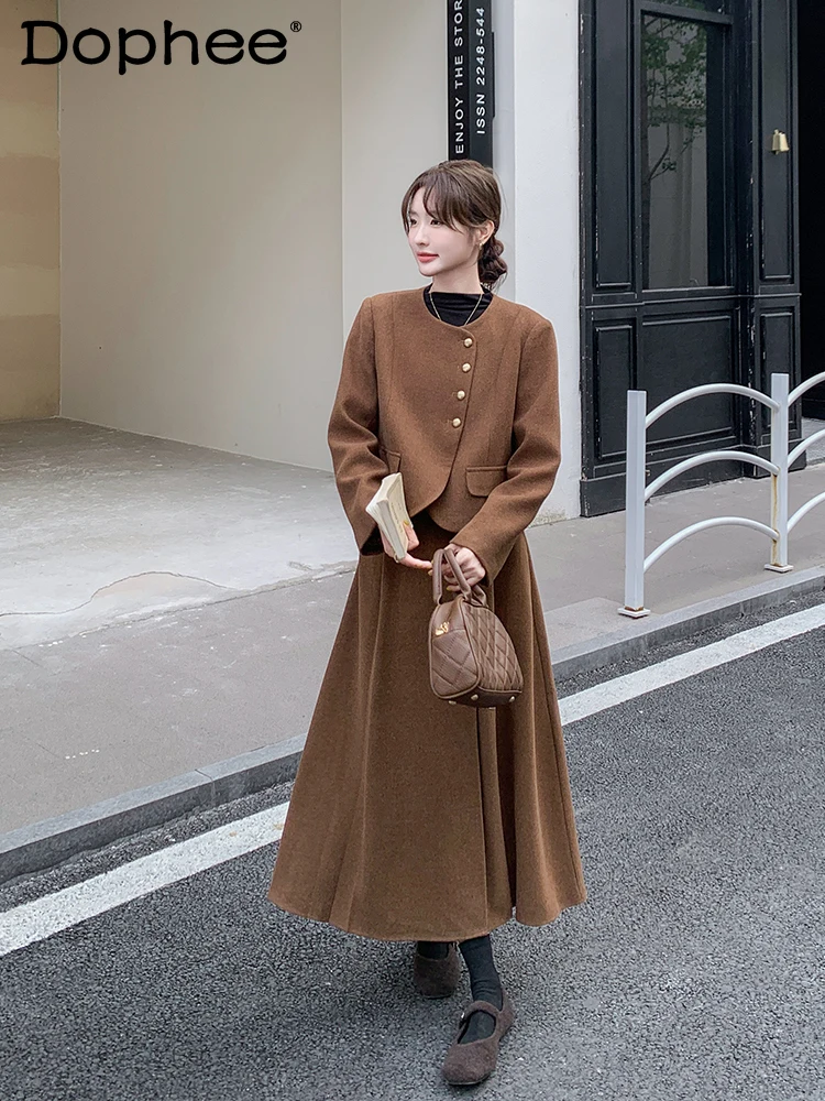 

Coffee Retro Woolen Suit Skirt Autumn and Winter 2024 New Vintage Round Neck Coat and Skirt Two-piece Sets Women Outfits