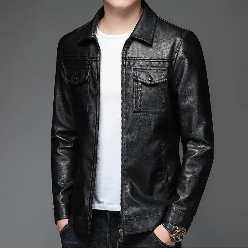 Asian Style Slim Fit Leather Coat with Collared Design for Men Warm Winter Jacket 2025