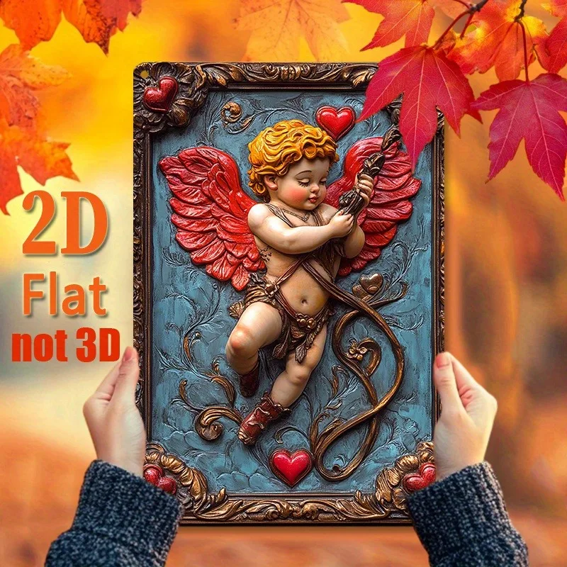 Enchanting Cupid Wall Art, Aluminum Metal Decor with Red Wings & Hearts, Golden Frame, Romantic Dining Decor, 2D Flat