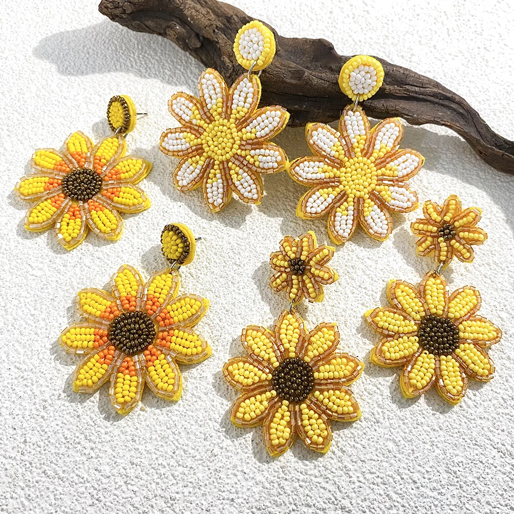 AENSOA Handmade Yellow Beaded Sunflower Drop Earrings for Women Girls Statement Seed Bead Floral Dangle Earrings Party Jewelry