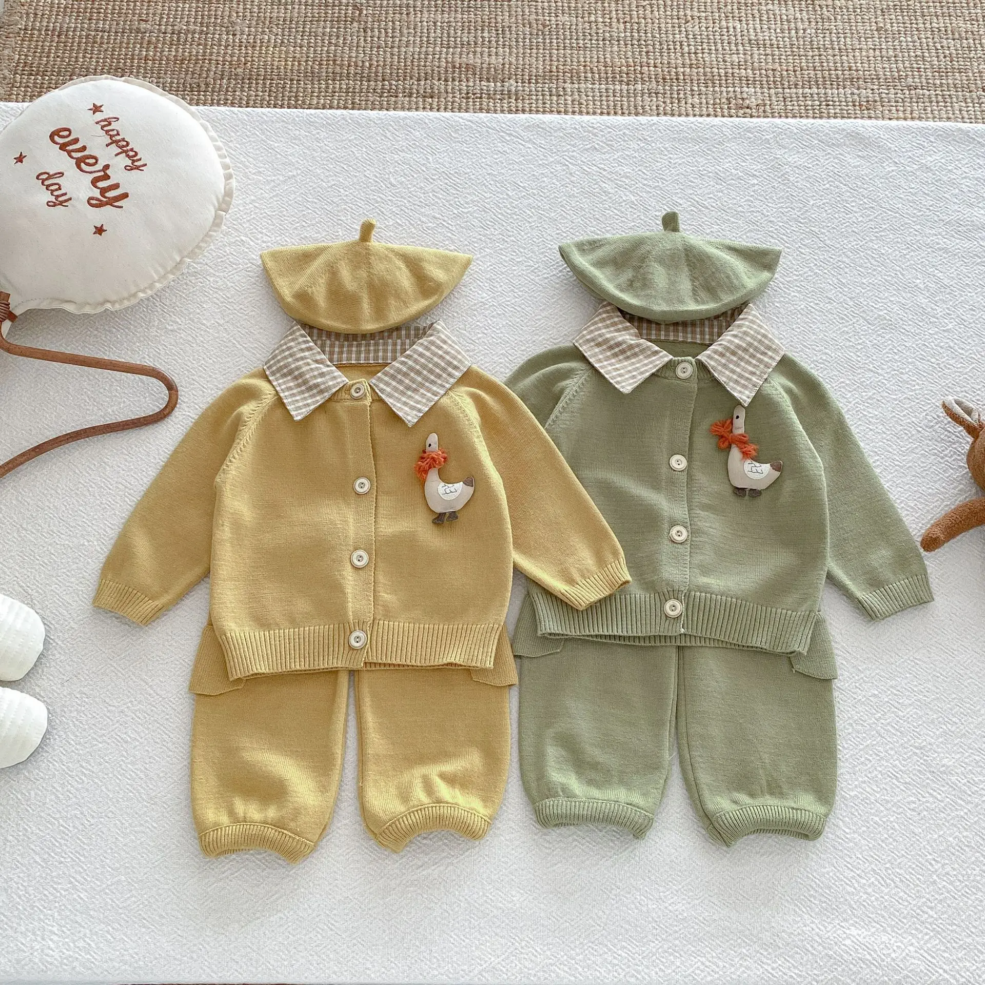 Autumn New Baby Boys' and Girls' Clothing Sweater Cardigan Cartoon Cute Coat Work Clothes Pants Two Piece Set