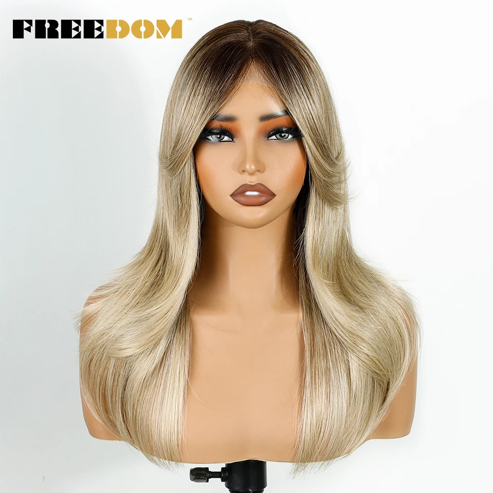 الاصطناعية الدانتيل شعر مستعار أمامي 20 بوصة الطبقات شعر مستعار مستقيم مع الانفجارات أومبير شقراء براون الباروكات للنساء شعر مستعار تأثيري الاصطناعية #2