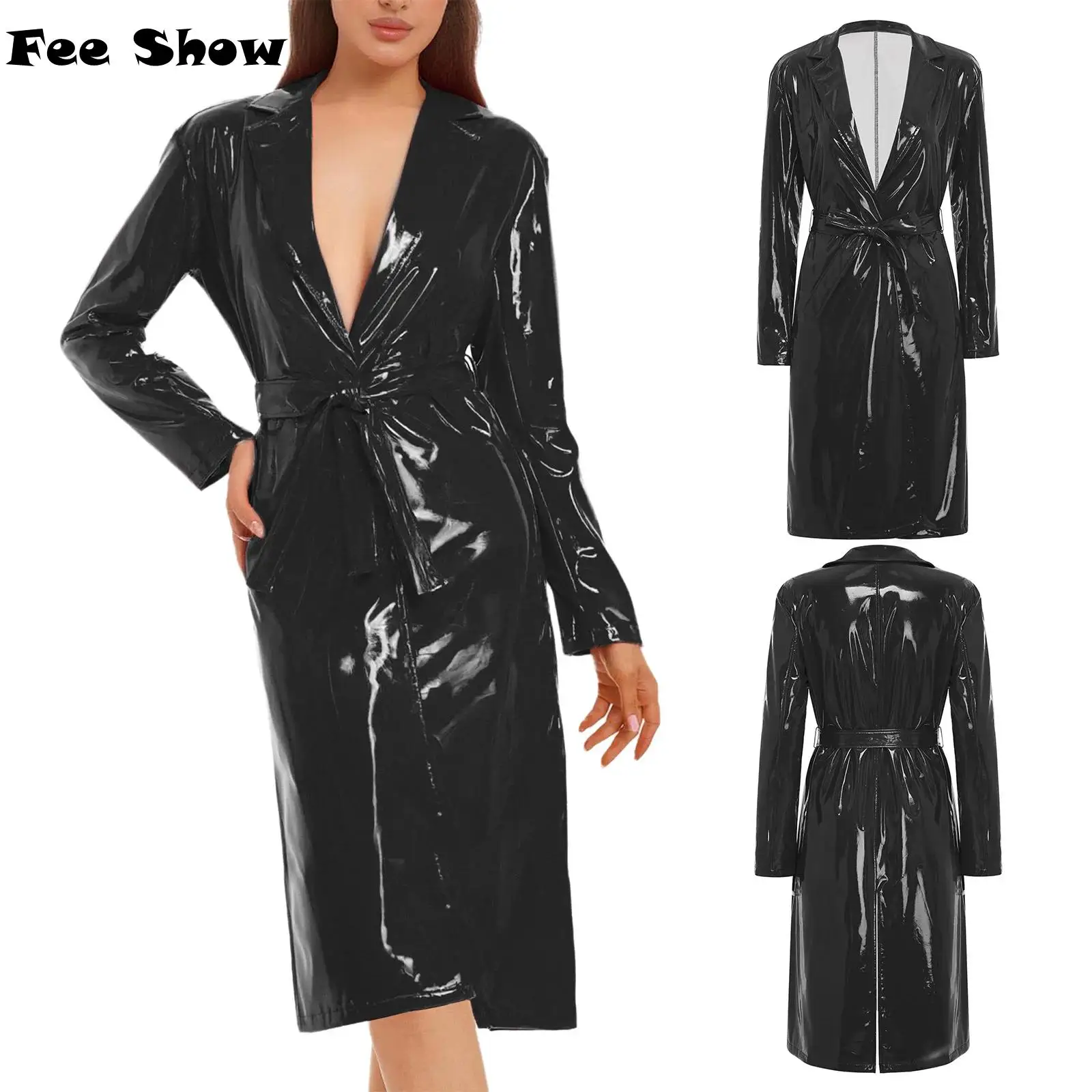 

Women Long Trench Coat Blazer Lapel PU Leather Glossy Open Front Long Jackets with Belt for Casual Wear Streetwear Vacation