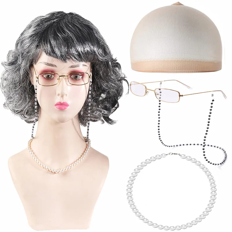Hair Extensions Synthetic Cosplay Old Lady Woman Wigs Set Breathable Head Cover Performance Dress Up Grandma Wig Hat for Women