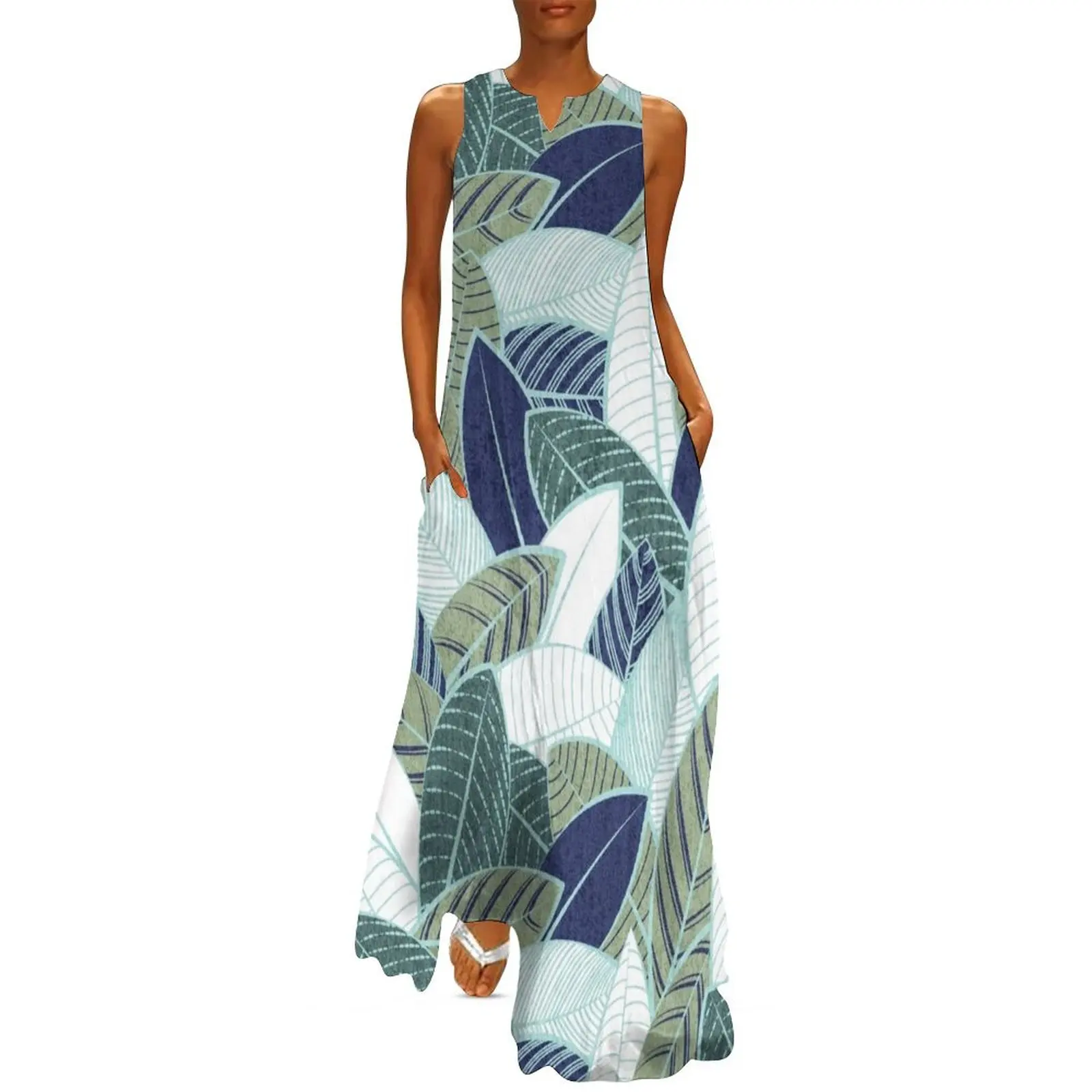 שמלת ערב ארוכה לנשים בצבע כחול כהה עם עלים ירוקים מבריקים וקווים מנטה