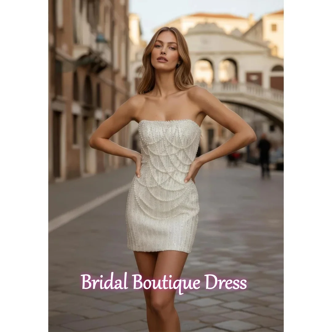 짧은 이브닝 드레스 럭셔리 진주 비즈 스트랩리스 오픈 백 미니 베스티도스 드 노비아 보다 파티 드레스 맞춤 제작