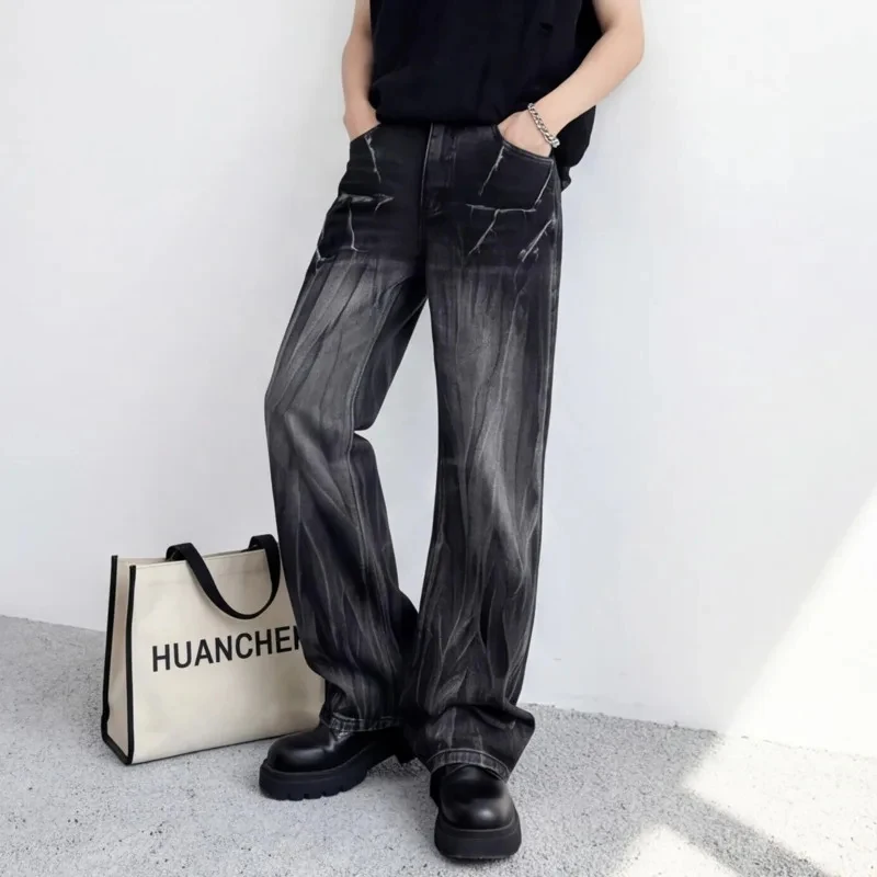 

Gothic Men's Splatter Jeans Spray Paint Black Washed Wide Leg Baggy Streetwear Casual Premium Denim Pants