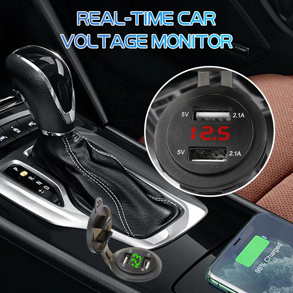 Dual USB Car Charger 12V-24V 4.2A Car Cigarette Lighter Motorcycle Fast Charging with LED Voltmeter for Mobile Phone Charger