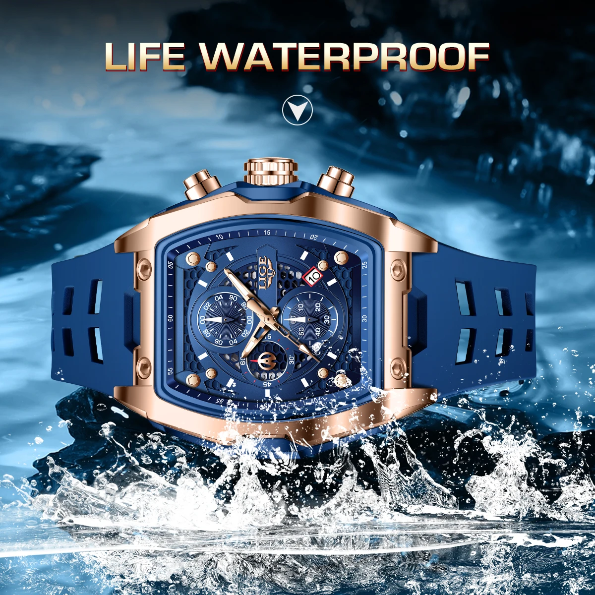 LIGE Square Fashion Luxury Quartz Man Watch Outdoor Casual Sports Silicone Strap Waterproof Luminous Hollow Wristwatches for Men