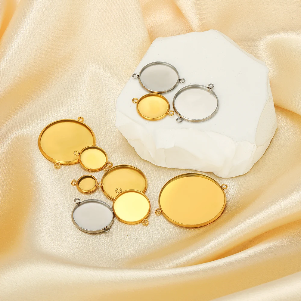 10Pcs Gold Plated Stainless Steel 6-30mm Round Blank Tray Charms Cabochon Cameo Bases for DIY Necklace Jewelry Making Supplies