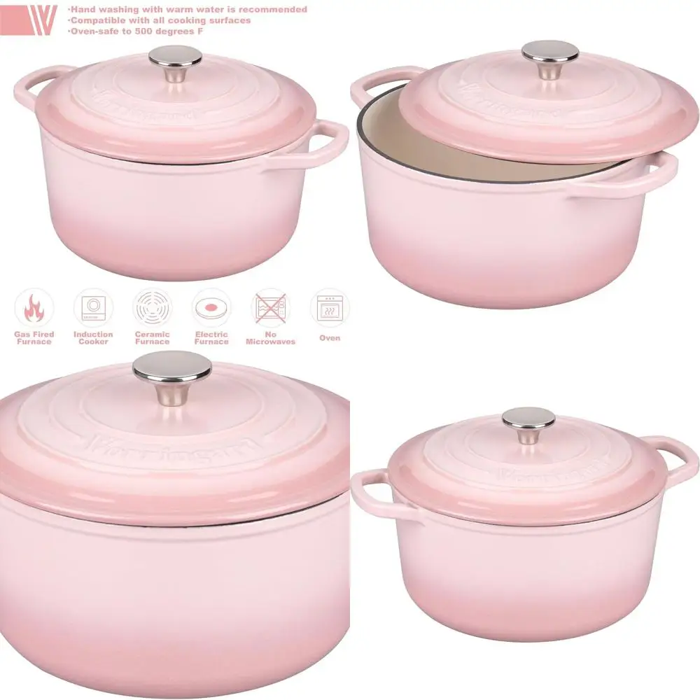 

6-литровая круглая эмалированная чугунная голландская духовка с крышкой, идеально подходит для выпечки хлеба на тыкве, розовая