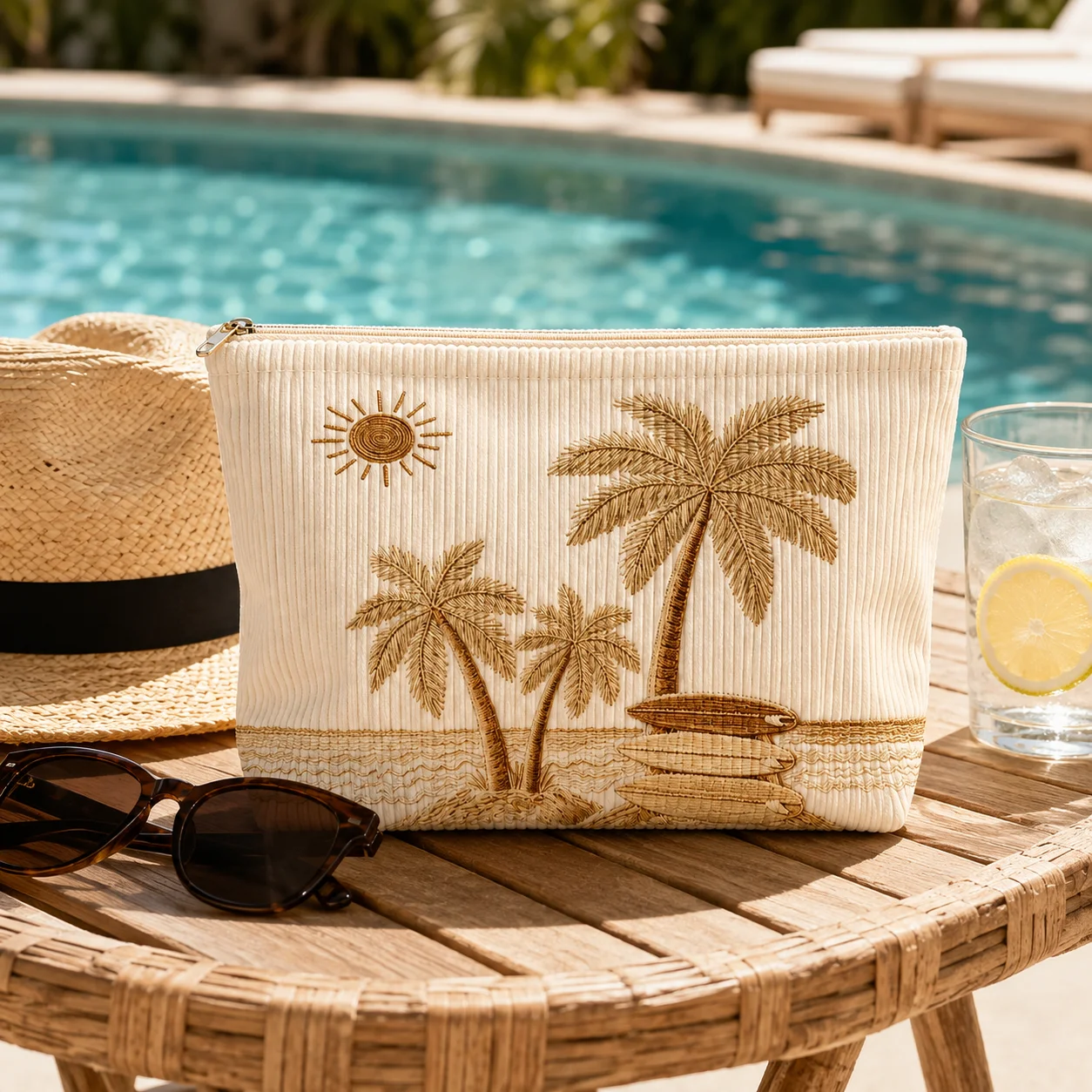 Palm Tree Cosmetic Bag Printing Corduroy Makeup Pouch for Beach Vacation Travel Toiletry Organizer Women Beauty Storage Case