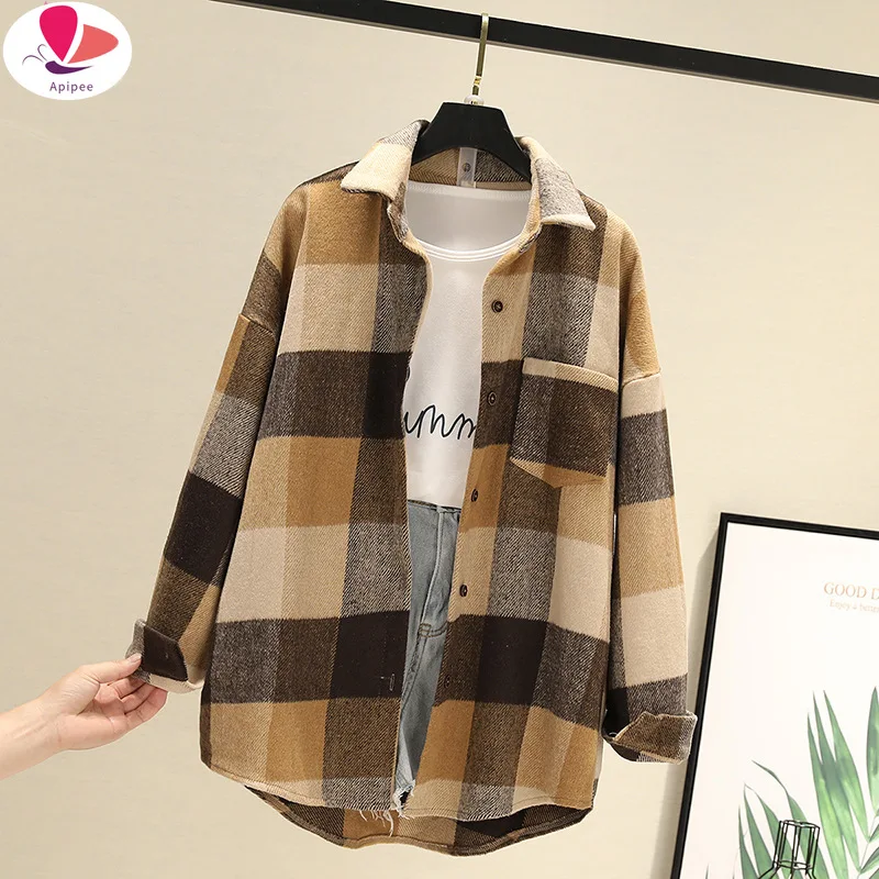 Womens Plaid Jacket Long Sleeve Lapel Button-Down Shirts Wool Blend Shacket Coat Casual Tops Outwear with Pocket