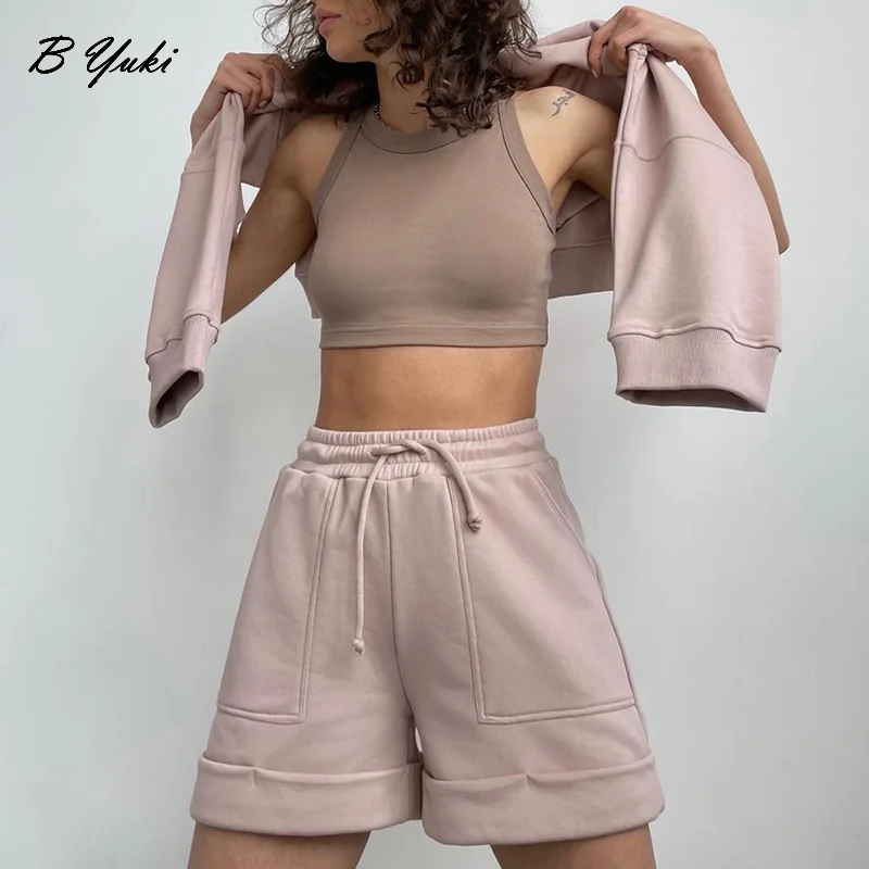 Blessyuki 2023 Spring Summer Soft Cotton Set Women Loose Casual 2 Pieces Long Sleeve Sweatshirt & High Waist Short Solid Outfits