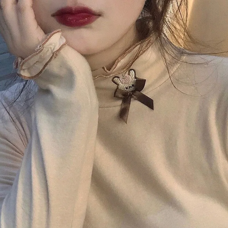 KOSAHIKI Dralon Long Sleeve T-shirt Women Kawaii Rabbit Embroidery Turtleneck Slim Tops 2024 Y2k Japan Sweet Basic Ruffle Tee