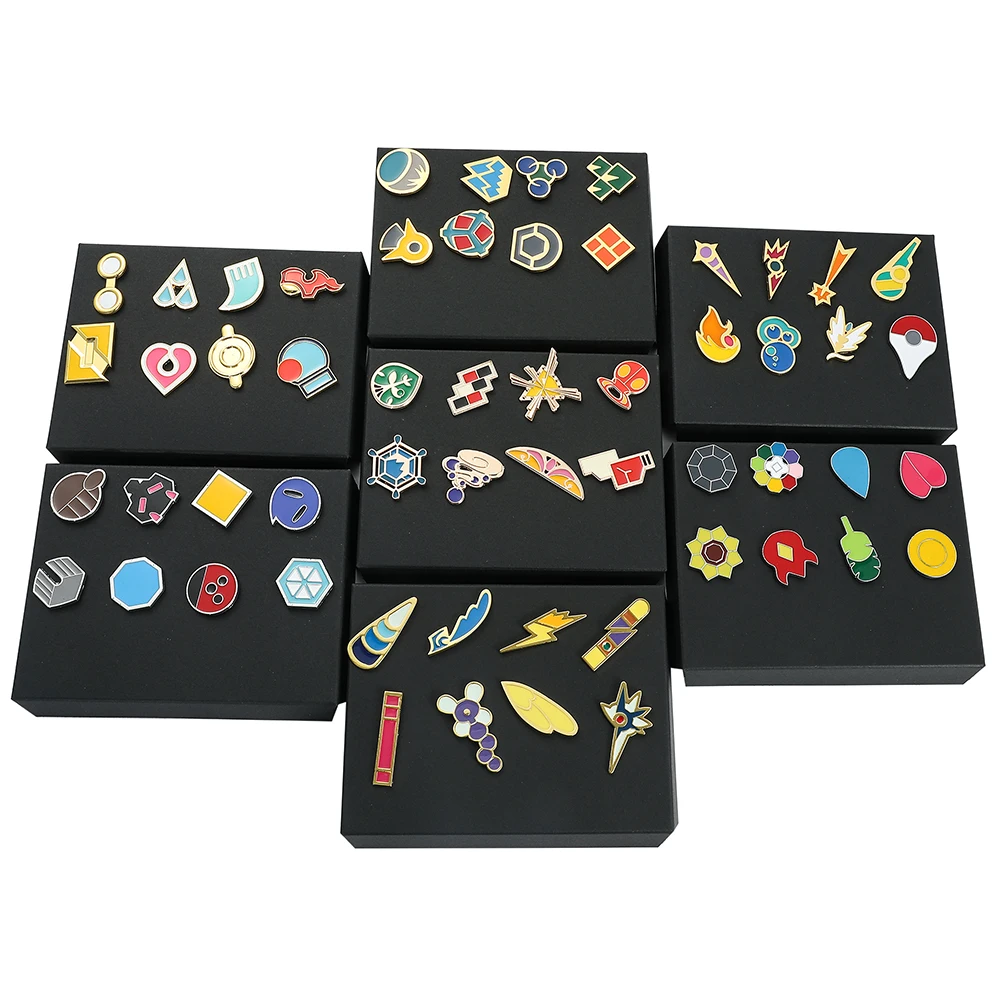 8Pcs/Box Gym Badges Sinnoh Unova Kalo Box Set Kanto Johto Hoenn  Kalos Orange Islands Pins Brooches Box Set Pocket Monster