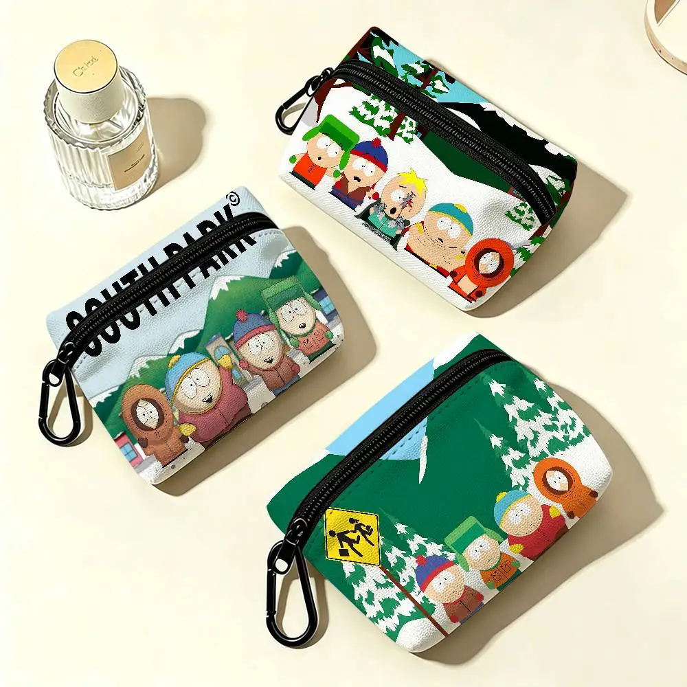 Adult Cartoon S-South P-Park Portable Mini Oxford Cloth Coin Purse With Carabiner Hook Zipper Key Card Earphone Storage Wallet