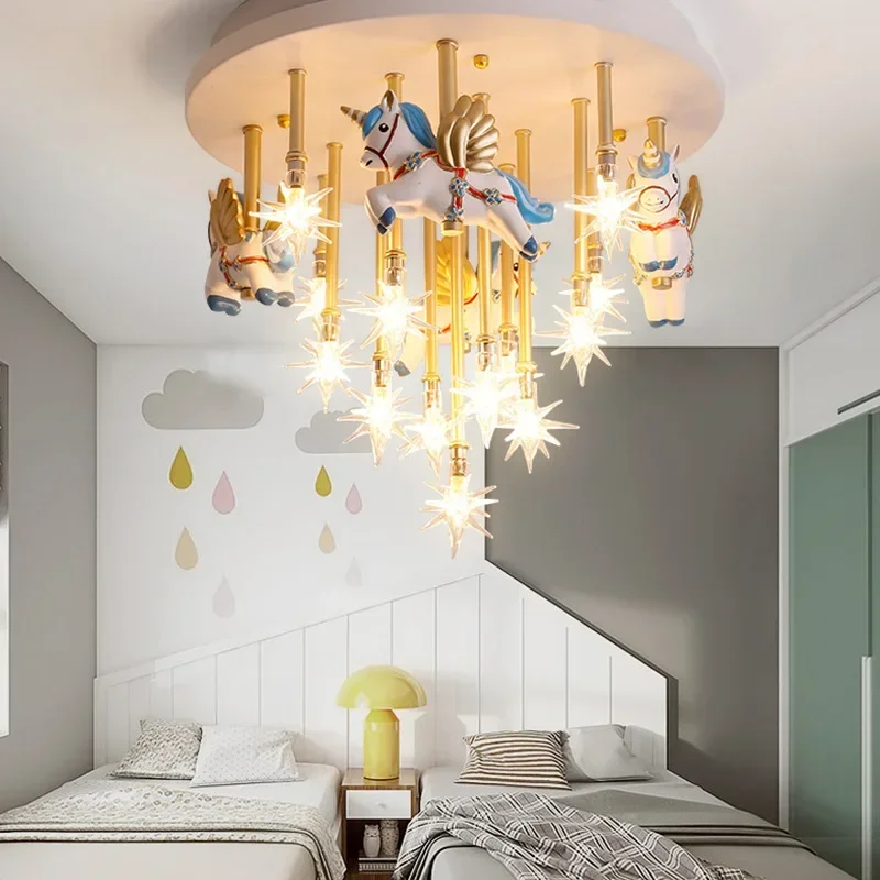 Modern Led Chandeliers Light for Living Dining Room Decor Carousel Led Lighta Fixture Children Cartoon Unicorn Ceiling Lamps