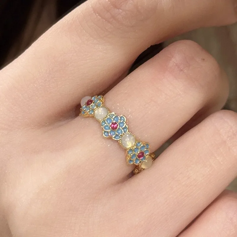 

925 Sterling Silver Retro Enamel Zircon Cat's Eye Stone Adjustable Opening Ring for Women Fine Jewelry Minimalist Accessories