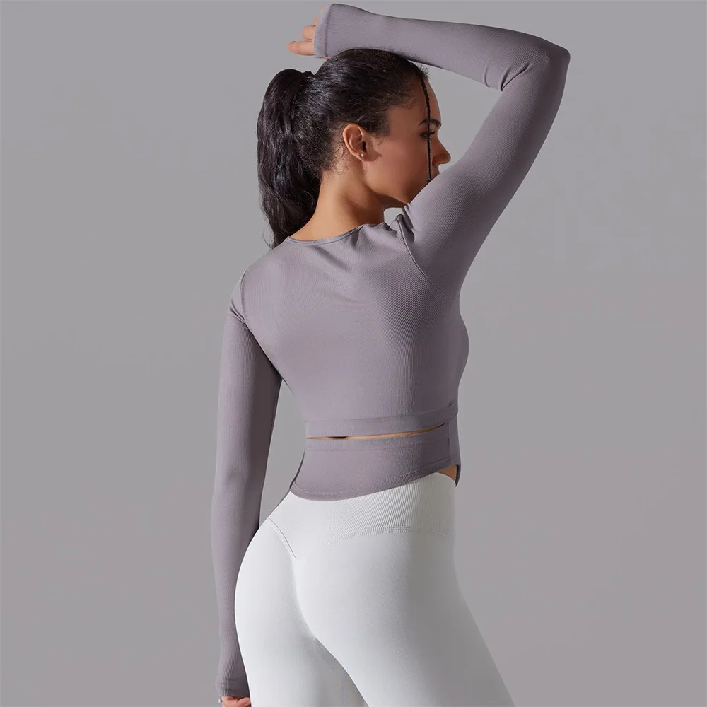 Camisas de Yoga sin costuras, Top deportivo, ropa de gimnasio de manga larga, camisetas de entrenamiento para correr, ropa activa, camisa ajustada de Fitness para mujer