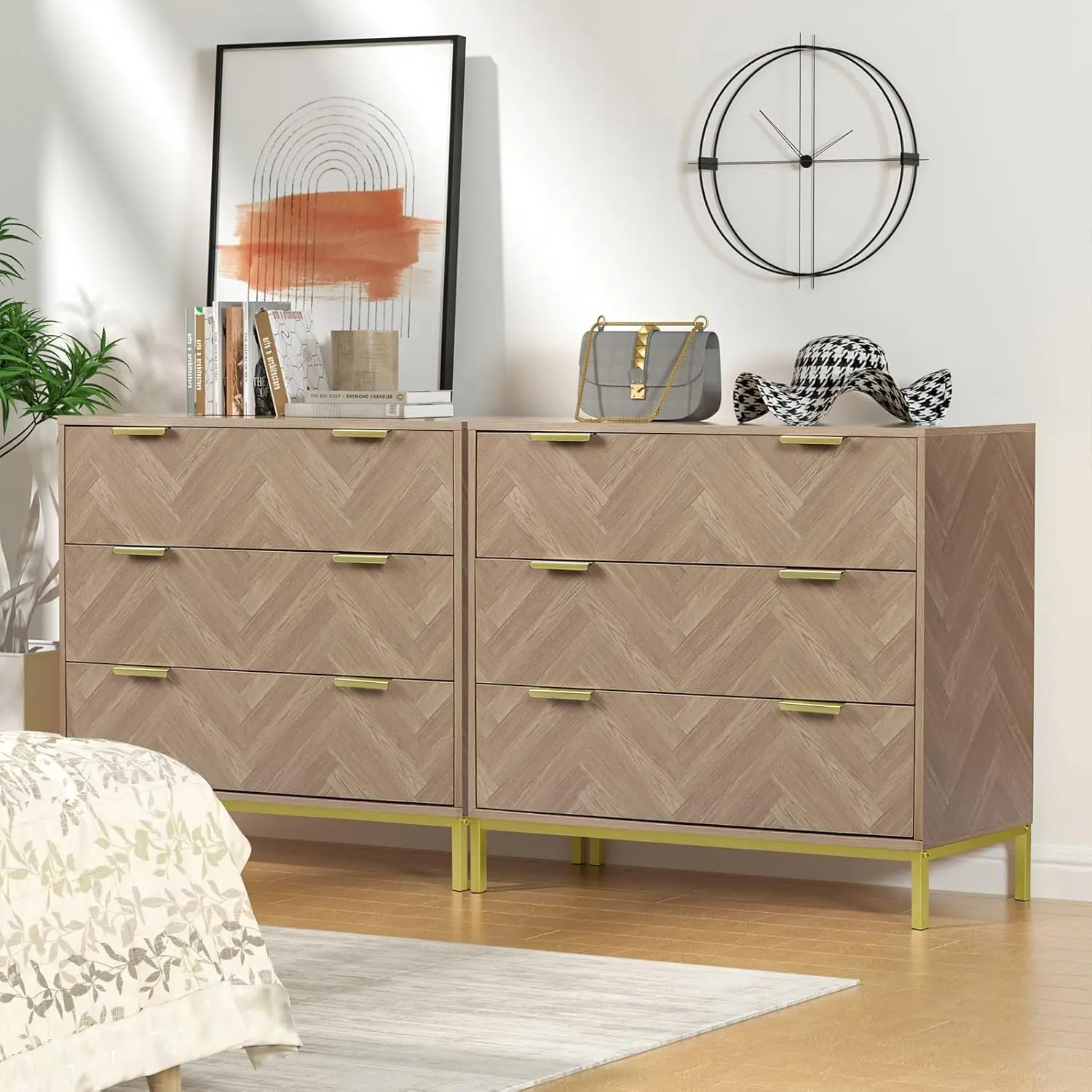 Drawer Chest Dresser, Mid Century Natural Oak Organizer Bedroom Furniture with Gold Metal Legs H0037