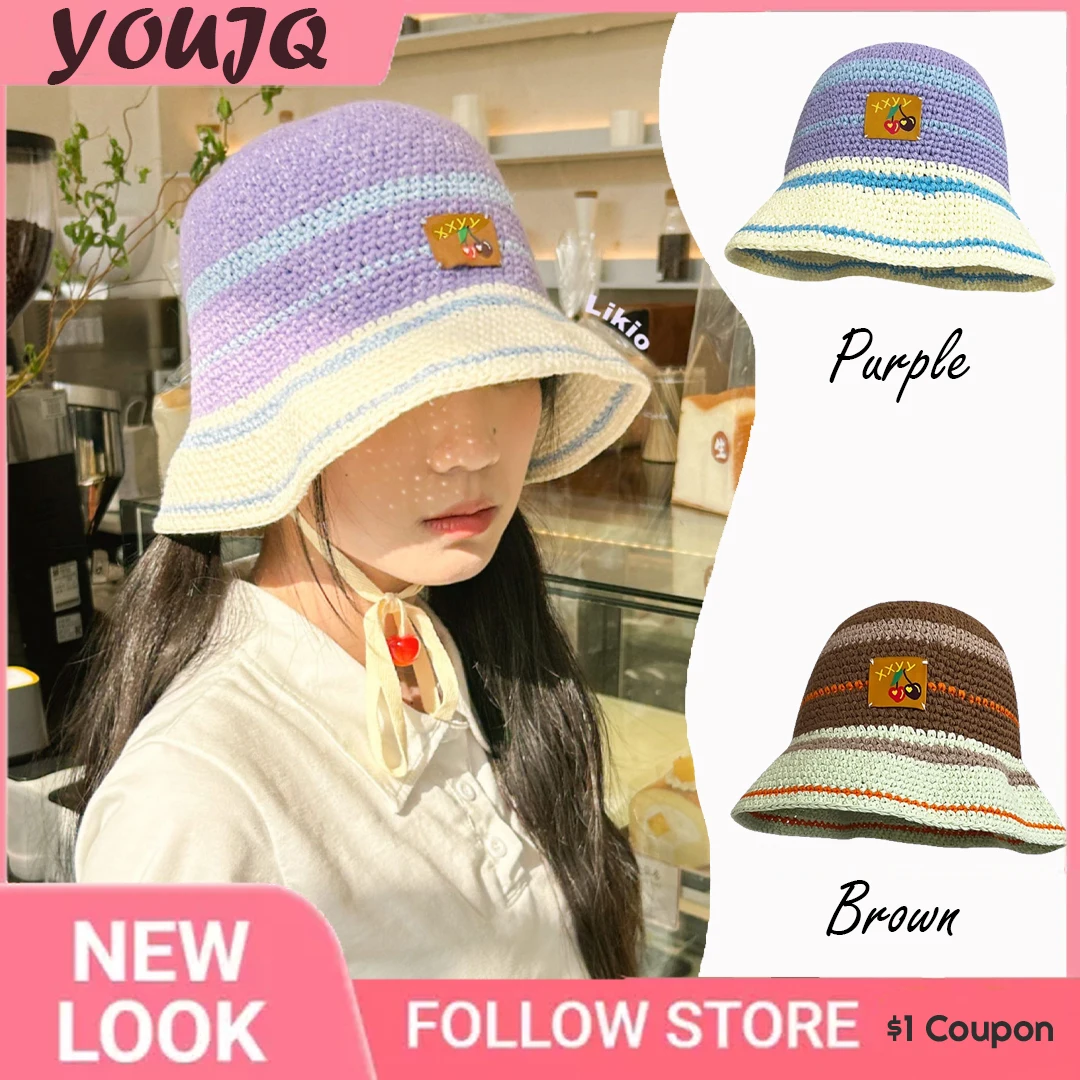 

INS Blogger Retro Hollow Cherry Handmade Knitted Cute Rainbow Fisherman Hat Women's Spring Summer Sweet Casual Bucket Bob Cap