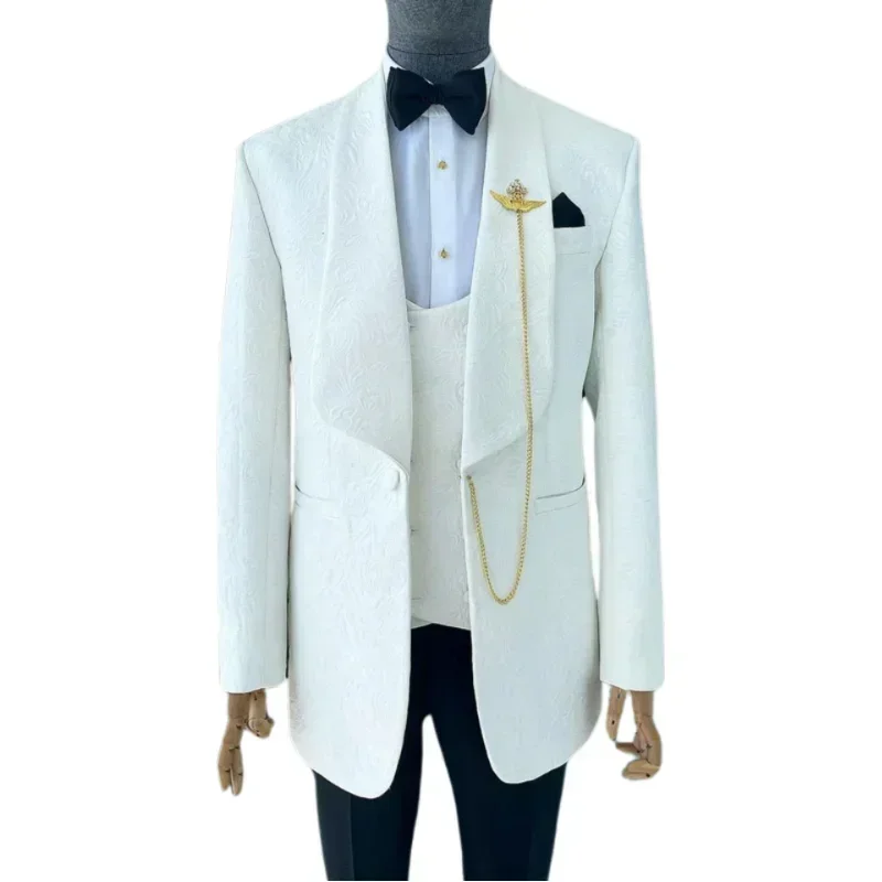 Jacquard Wedding Suits For Men Shawl Lapel Suit Jacket With Waistcoat Pants Custom 3 Pcs Floral Slim Fit Groom Tuxedo