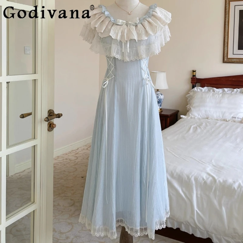 

Gentle Lace Clear Tie Long Dress Women's Watercolor Cape Elegant Japanese Style Dress Female Summer Lolita Sweet Dress