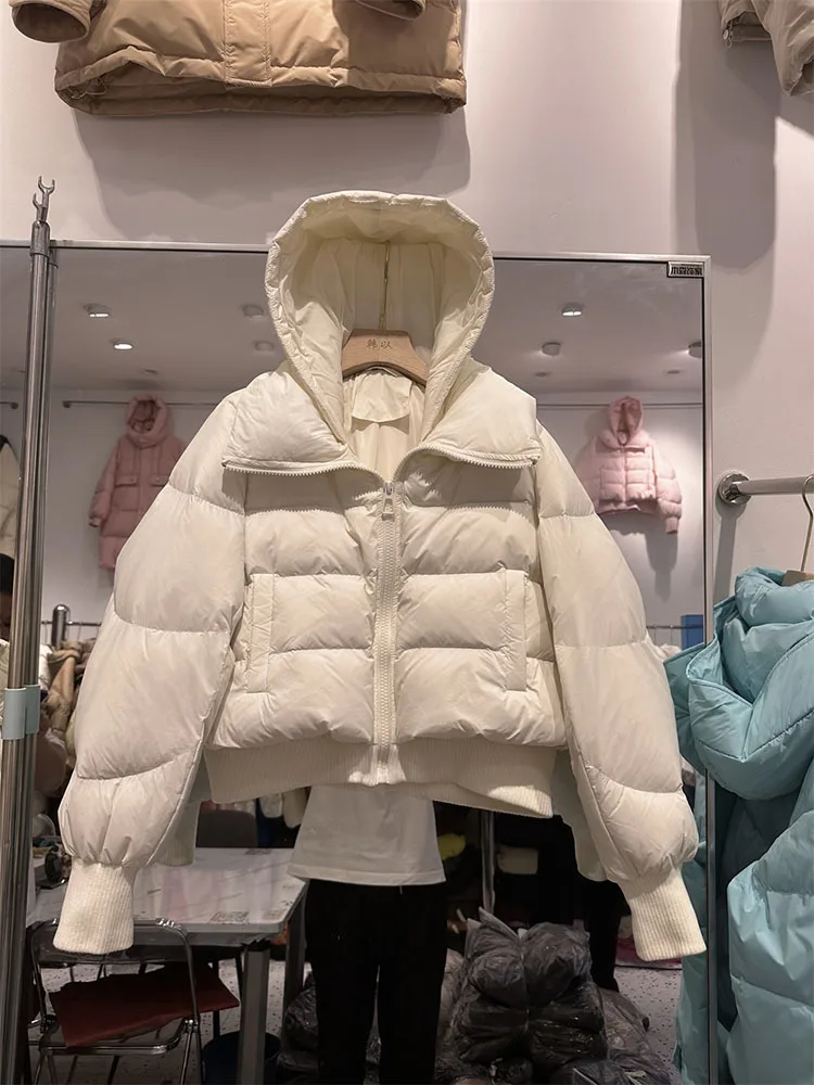 Jaqueta casual de puffer quente feminina, casaco 90% branco com capuz grande, curto, parka impermeável, feminina, inverno, novo, 2023