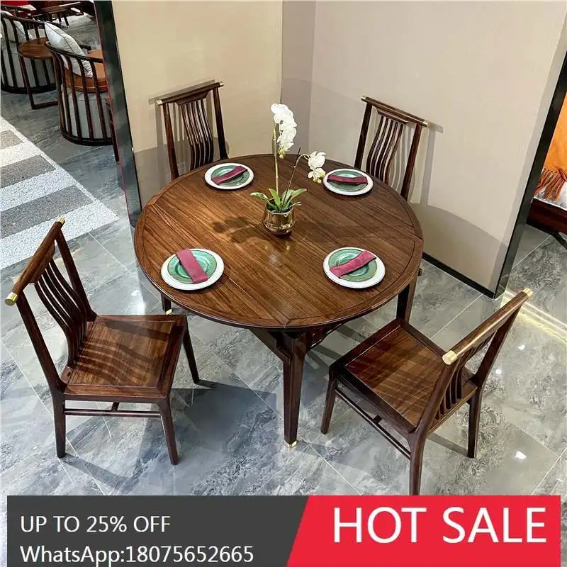 SGF New Chinese Style Black Walnut Wood Dining Table and Chair Set Extendable Folding Dining Table Functional Table