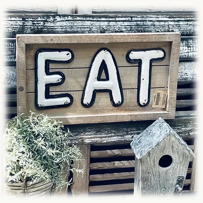 

Rustic EAT Sign Wall Decor, Distressed White and Black Metal Letters on Wood Frame, Vintage Farmhouse Kitchen Decor