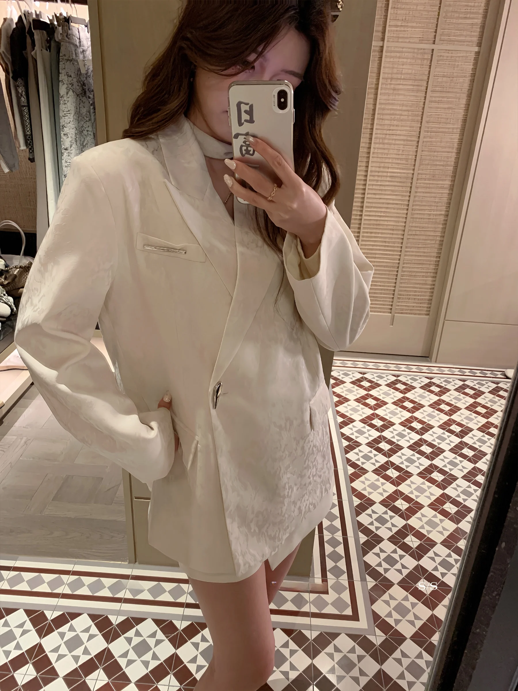 

Ele White Satin Suit Jaet Women's Faion Small Fraance Sle Casual Office Wear Straight Cut Long Sve Single Button