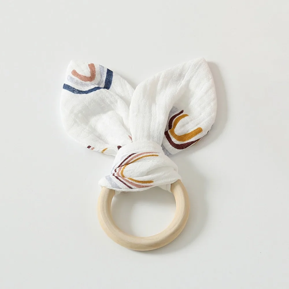 Soft Baby Wooden Hand Grasp Natural Wooden Sensory Newborn Teething Ring Bracelet Rattle Rabbit Ears Chewing Appease Infant
