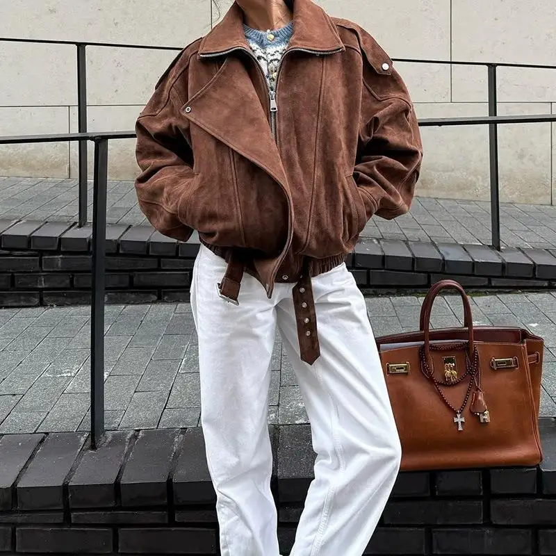 

Faionable Brown ort Jaet Women's Loose Fit Retro Sle Spring Autumn New Arrival Ele Casual Coat for Ladies