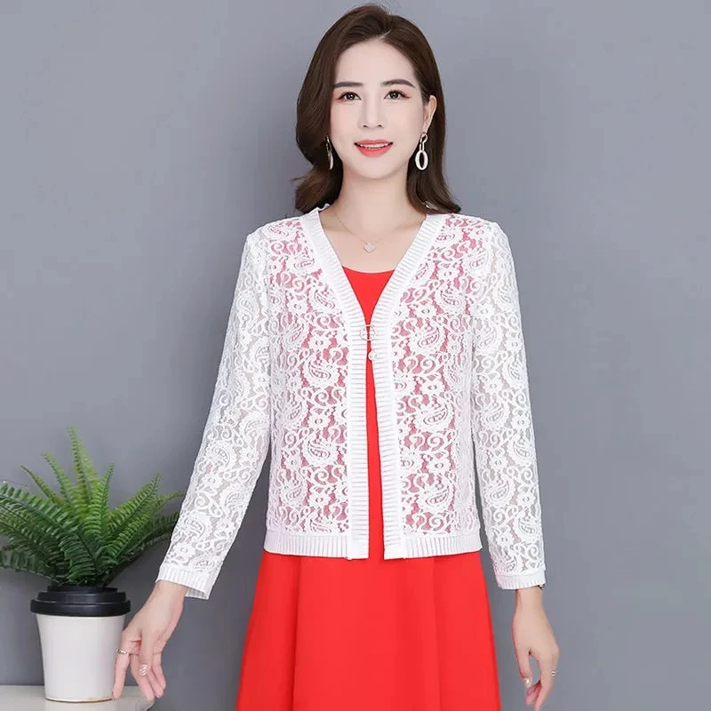 Plus Size Women Cardigan Short Coat Summer New Solid Lace Hollow Loose Round Neck Sunscreen Clothes Top Women\'s Clothing Sales