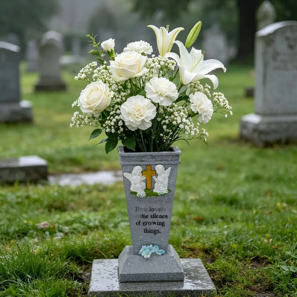 Decorative Angel Cross Grave Vase Solar Lighted Memorial Figurine Flower Pot For Cemetery Patio Garden Remembrance