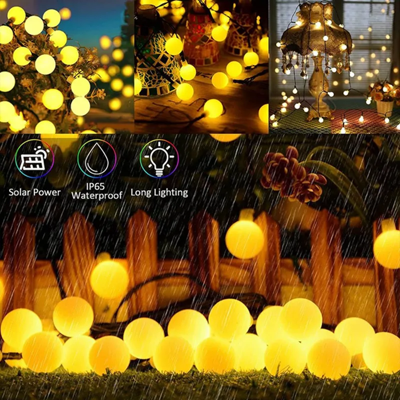 Solar String Lights for Garden Globo impermeável, Fairy Lights, Decoração de casamento ao ar livre do Natal, 8 modos, 1 pacote